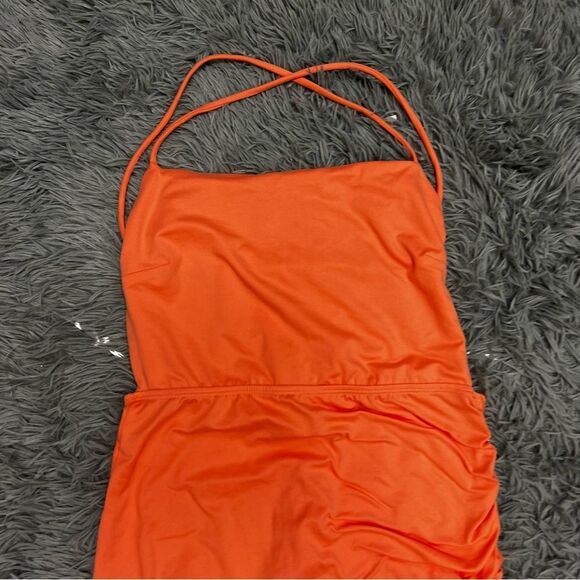 Blue Blush Asymmetrical Tangerine Mini Bodycon Ruched Side Dress Size Medium NWT - Picture 2 of 10